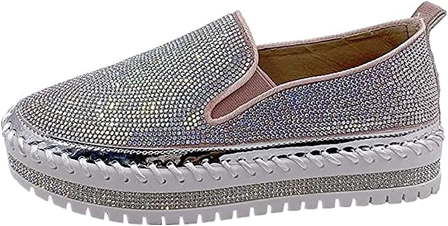 Lausiuoe Glitter Sneakers For Women Wide Width Comfortable Sparkly Rhinestone Walking Shoes Soft Slip On Flat Loafers