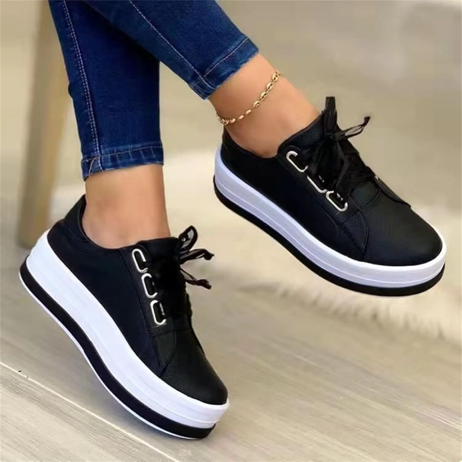 Lausiuoe Shoes For Women Sneakers Trendy Fashion Leather Shoes Non-Slip Casual Low Top Soft Slip On Walking Flat Loafers
