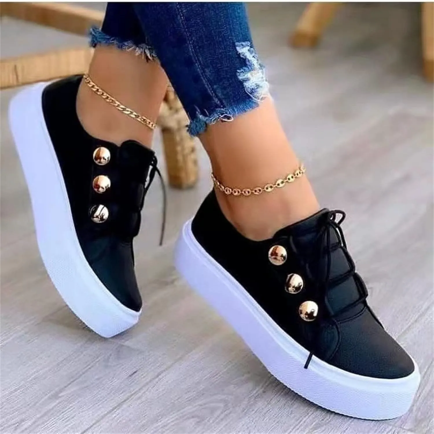 Lausiuoe Shoes For Women Sneakers Trendy Low Top Casual Fashion Leather Comfortable Soft Non-Slip Walking Flat Loafers