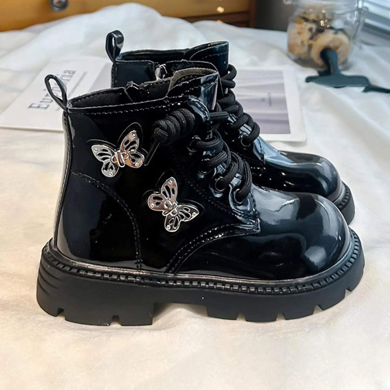 Little Girls Lace-Up Leather Ankle Boots with Butterfly Wing Side Zipper Fashion Outdoor Warm Water-Proof Boots