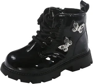 Little Girls Lace-Up Leather Ankle Boots with Butterfly Wing Side Zipper Fashion Outdoor Warm Water-Proof Boots