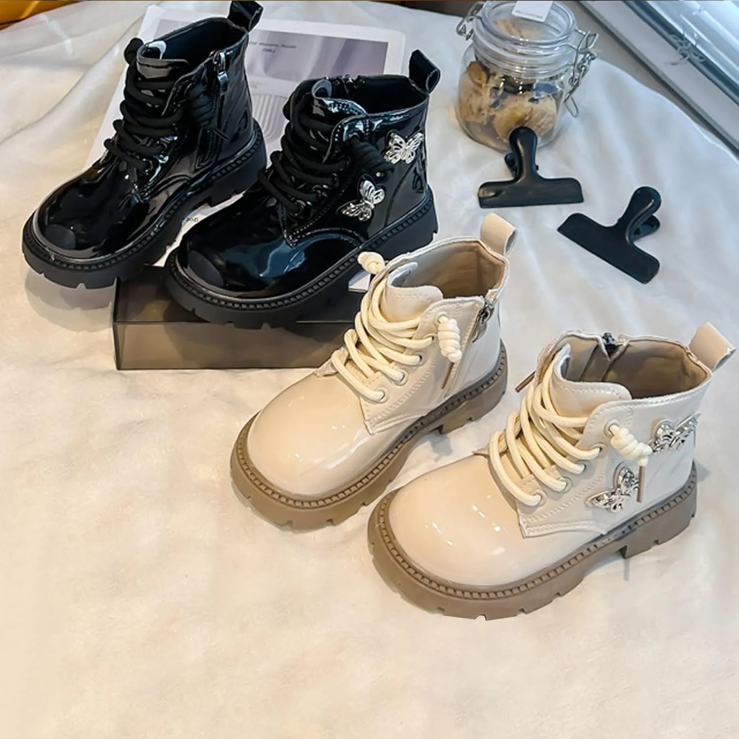 Little Girls Lace-Up Leather Ankle Boots with Butterfly Wing Side Zipper Fashion Outdoor Warm Water-Proof Boots