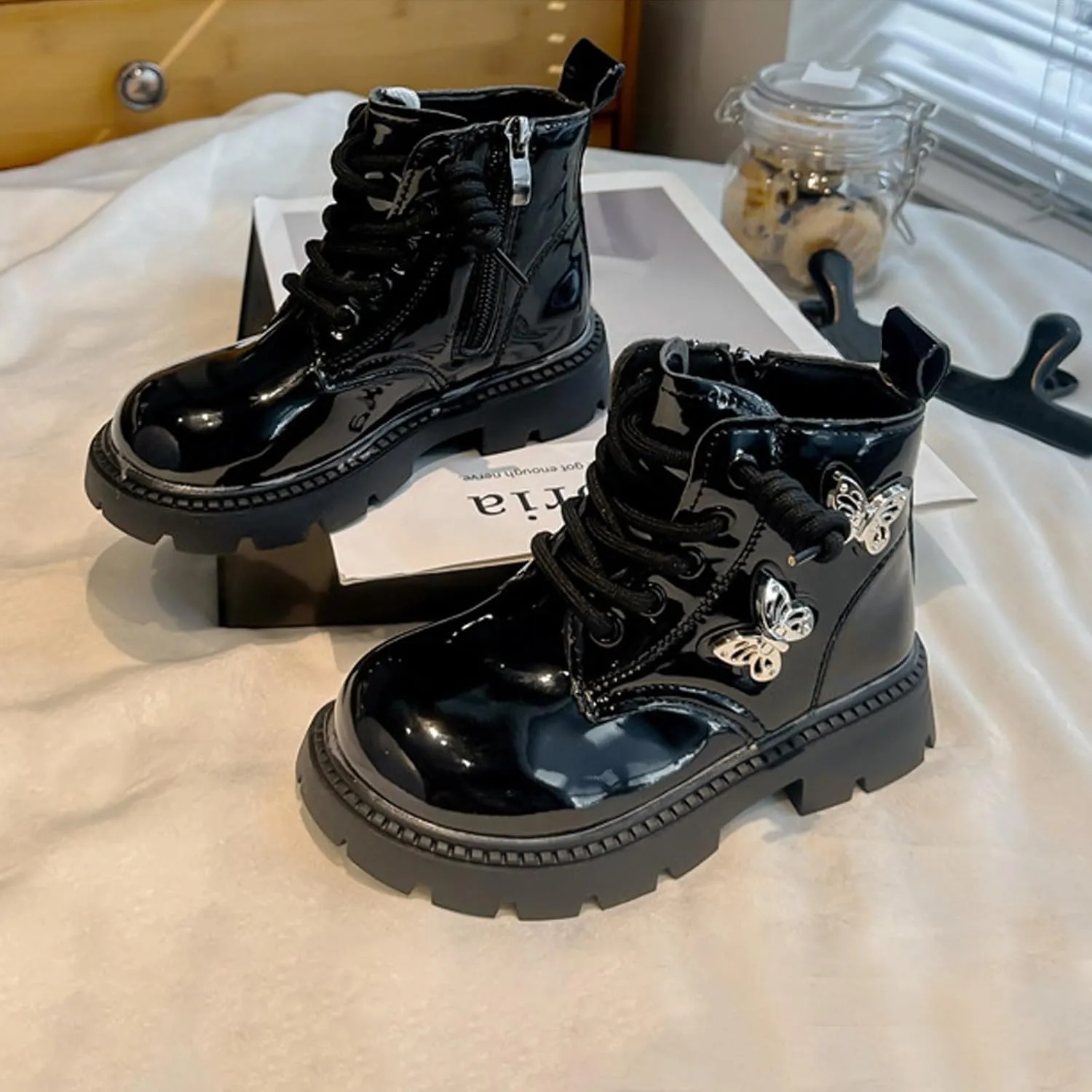 Little Girls Lace-Up Leather Ankle Boots with Butterfly Wing Side Zipper Fashion Outdoor Warm Water-Proof Boots