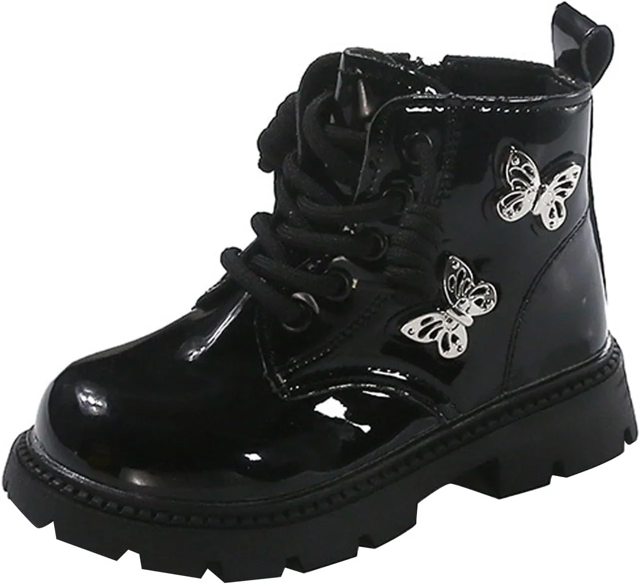 Little Girls Lace-Up Leather Ankle Boots with Butterfly Wing Side Zipper Fashion Outdoor Warm Water-Proof Boots