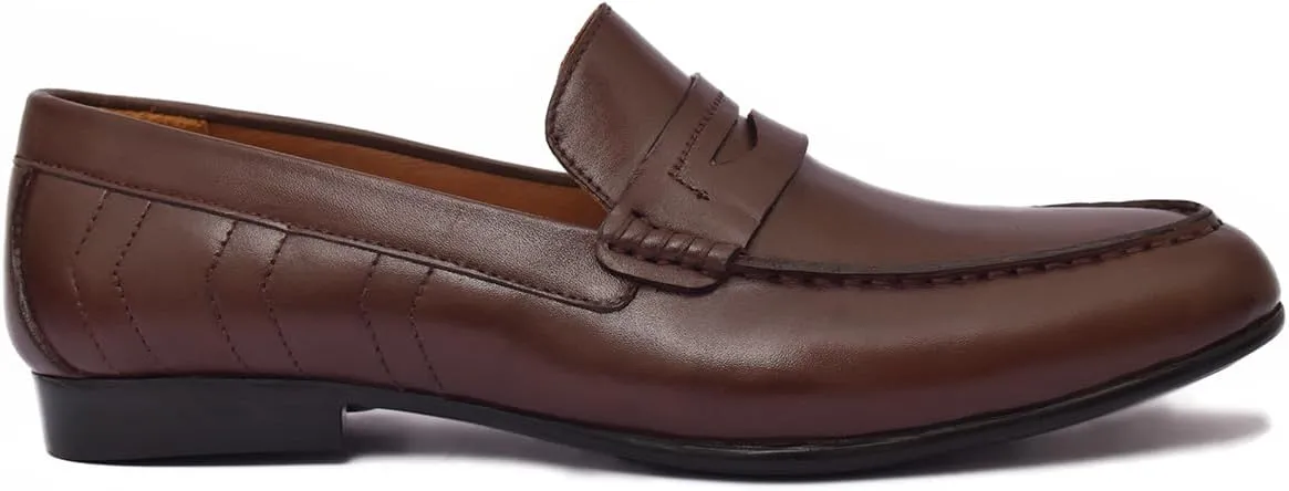 Luxury Handmade Brown Plain Leather Causal Side Stich Design Loafers