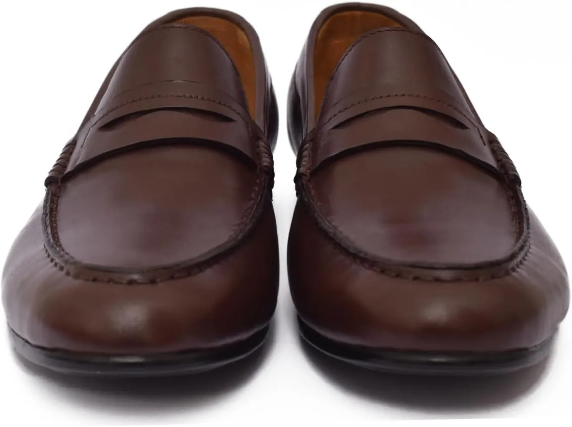 Luxury Handmade Brown Plain Leather Causal Side Stich Design Loafers