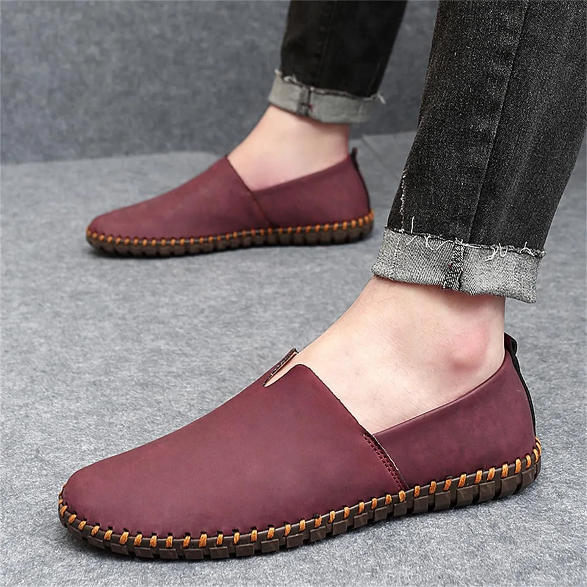 Men Leather Handmade Loafer Shoes Slip On Soft Fashion Round Toe Flats Non-Slip Walking Driving Shoes for Men