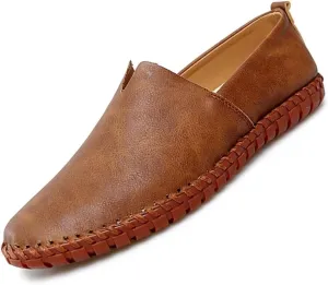 Men Leather Handmade Loafer Shoes Slip On Soft Fashion Round Toe Flats Non-Slip Walking Driving Shoes for Men