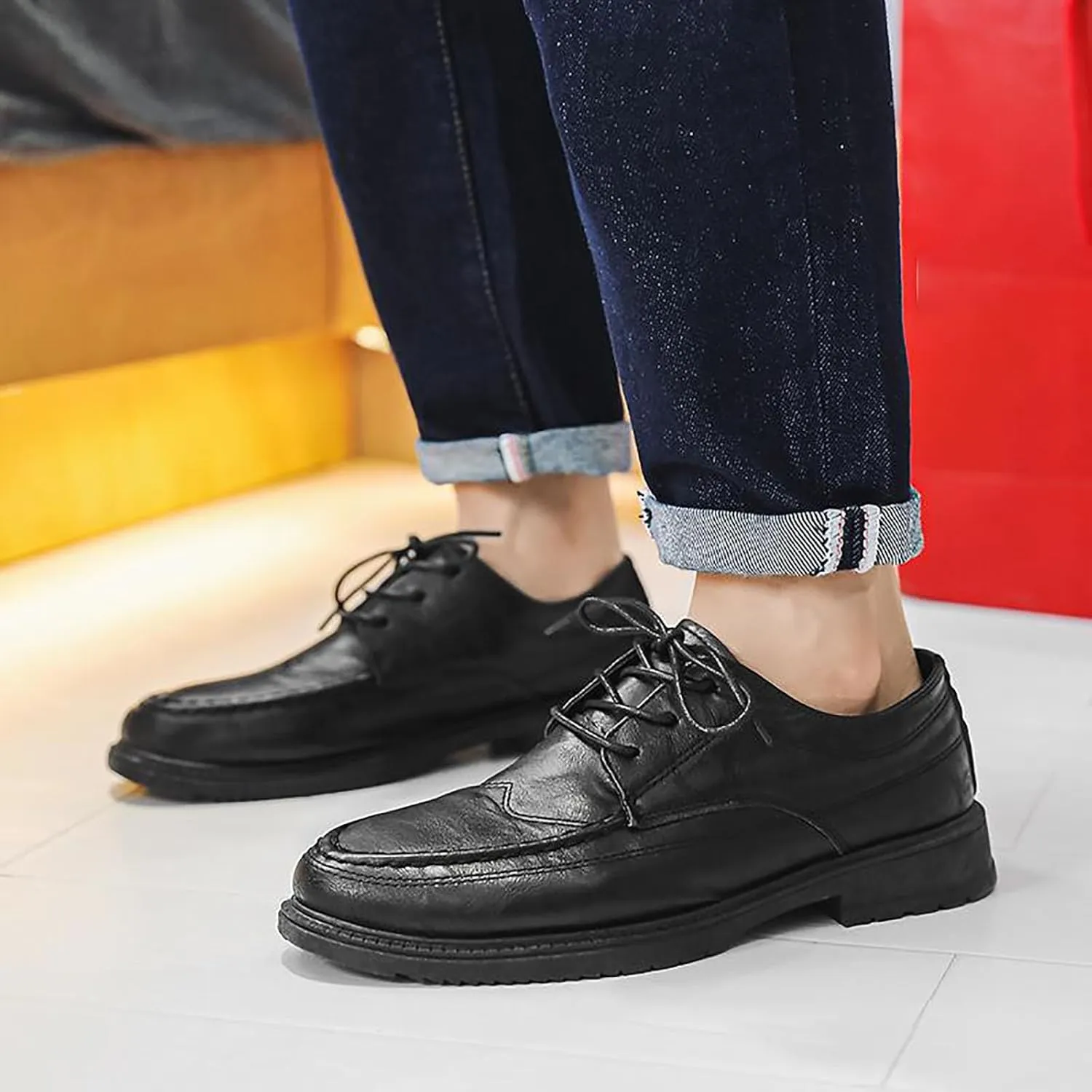 Men's Breathable Dress Casual Business Oxford Shoes for Men, Thick Sole Versatile Leather Shoes for Work & School, Comfortable Dress Sneakers
