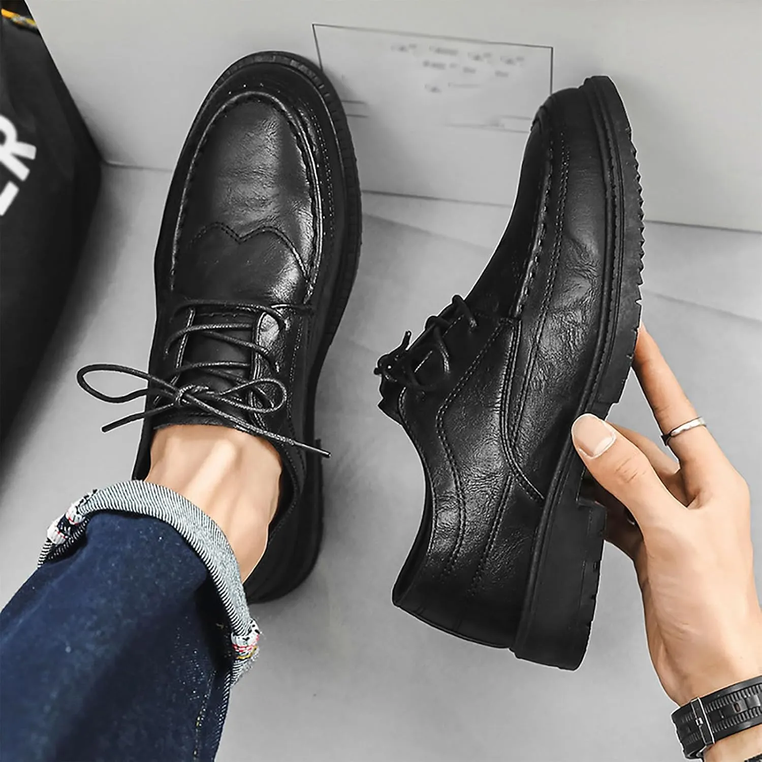 Men's Breathable Dress Casual Business Oxford Shoes for Men, Thick Sole Versatile Leather Shoes for Work & School, Comfortable Dress Sneakers