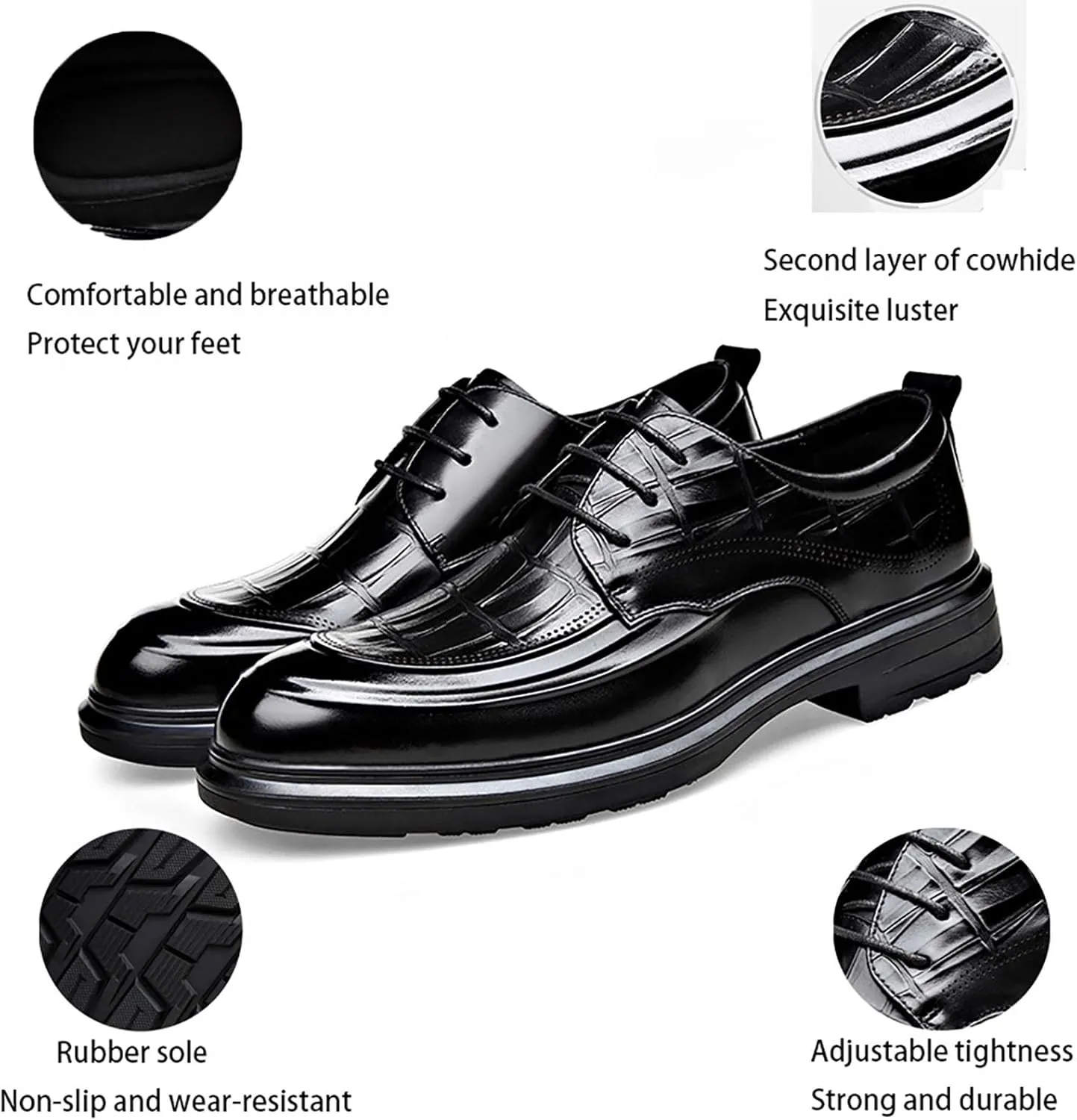 Men's Dress Shoes for Business & Formal Occasions, Black Genuine Leather Oxfords with Anti-Slip Rubber Sole & Breathable Lining, Lace-Up Classic Design