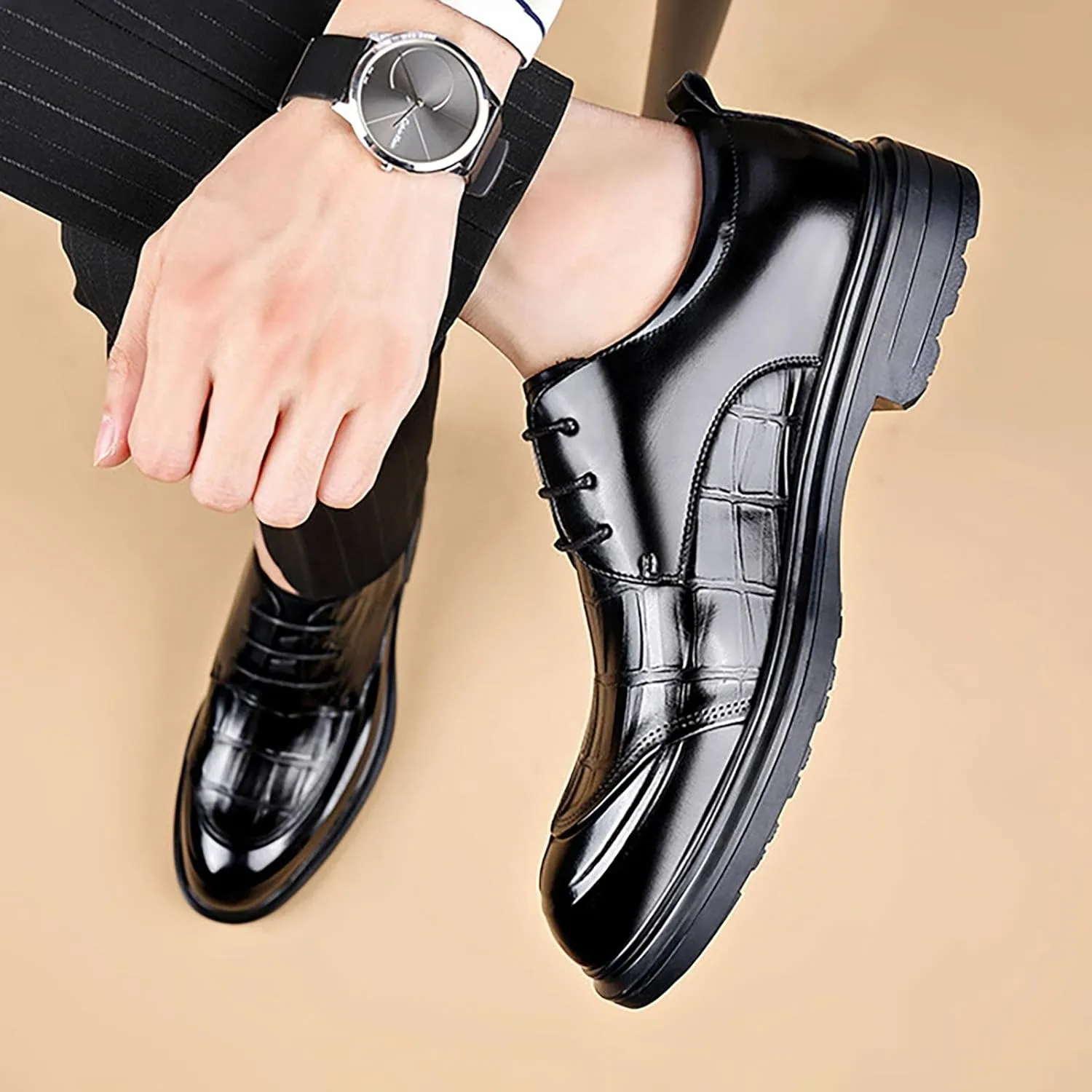 Men's Dress Shoes for Business & Formal Occasions, Black Genuine Leather Oxfords with Anti-Slip Rubber Sole & Breathable Lining, Lace-Up Classic Design
