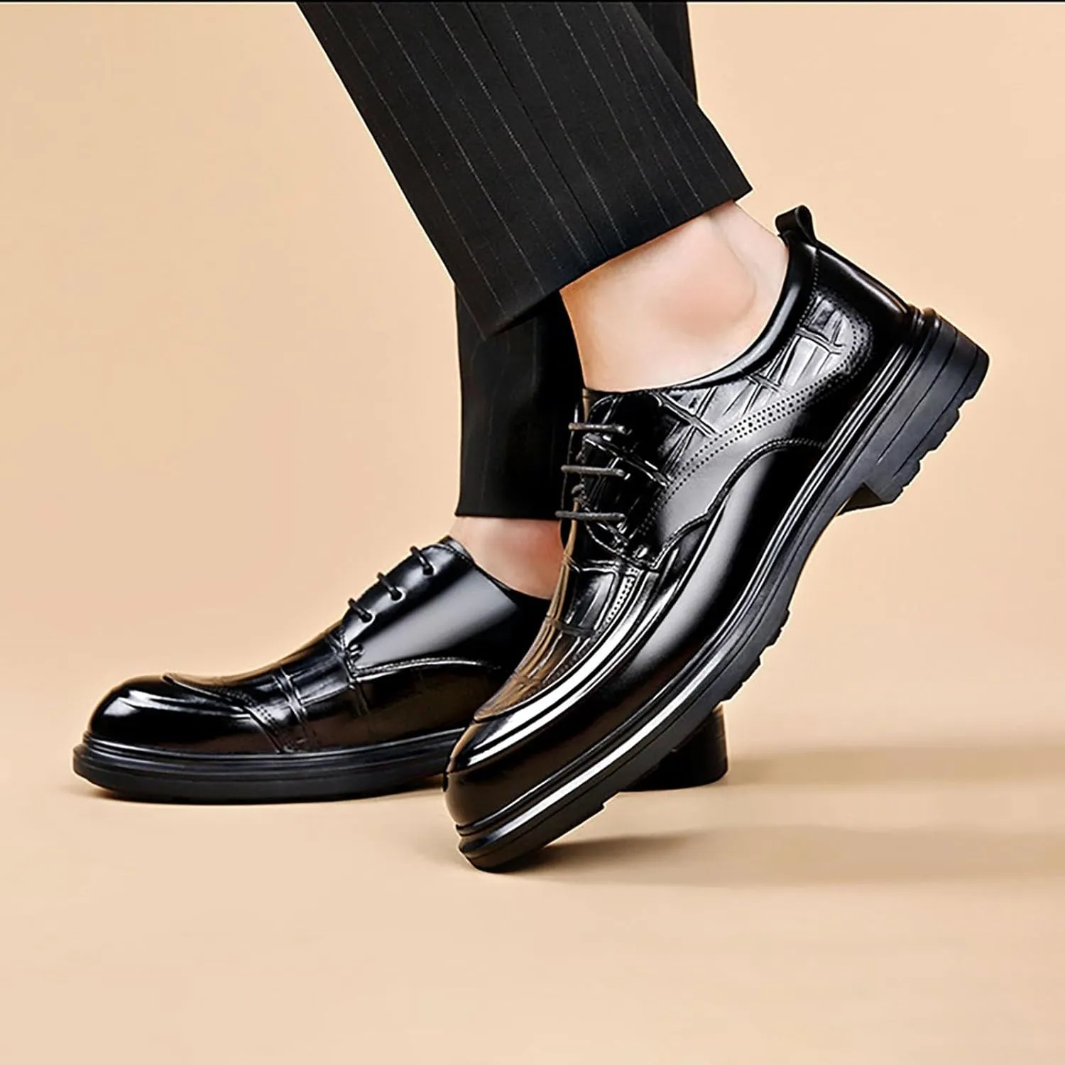 Men's Dress Shoes for Business & Formal Occasions, Black Genuine Leather Oxfords with Anti-Slip Rubber Sole & Breathable Lining, Lace-Up Classic Design