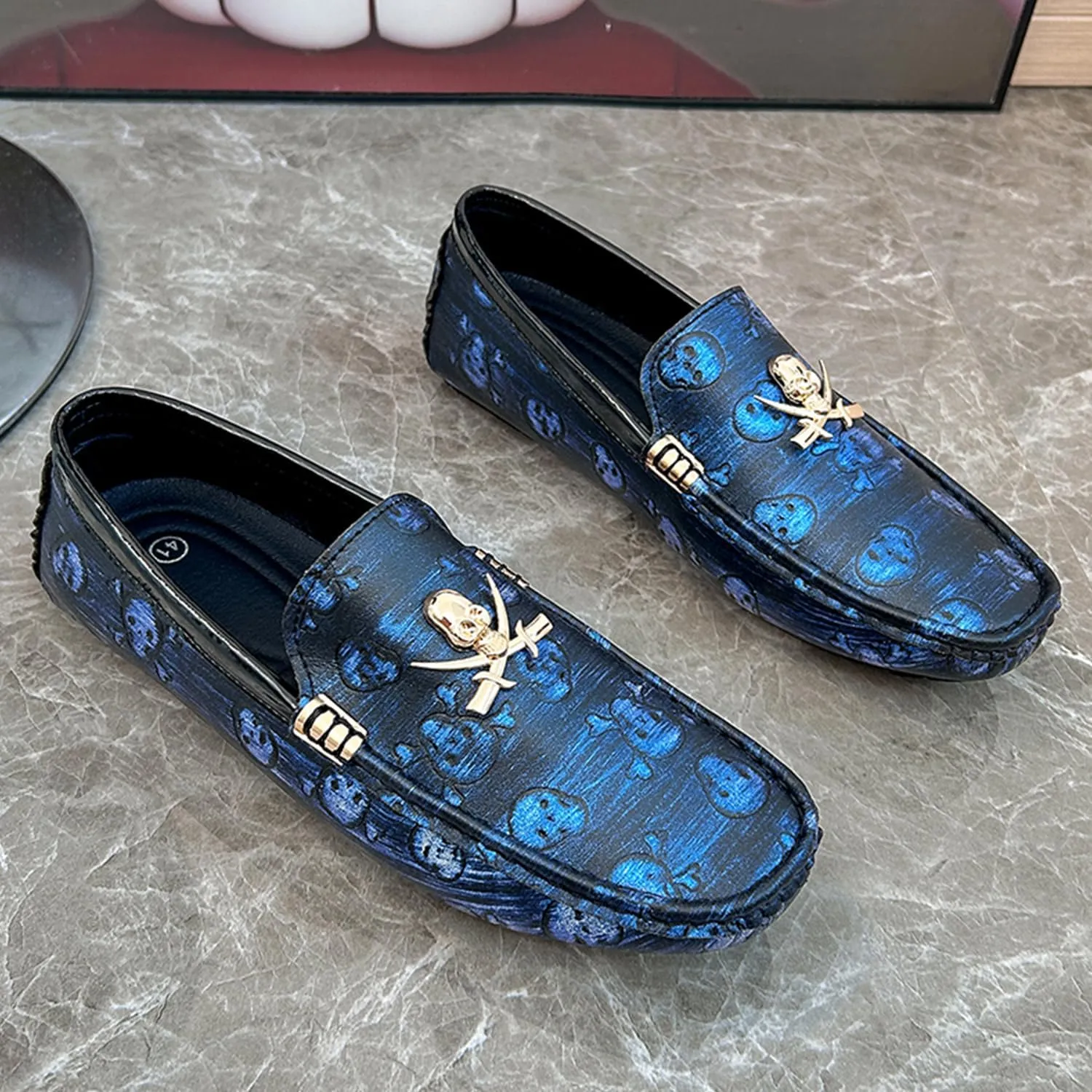 Men's Driving Loafers Moccasins Slip On Loafers with Skull Pattern Metal Ornaments Soft Arch Support Black Penny Loafers for Men