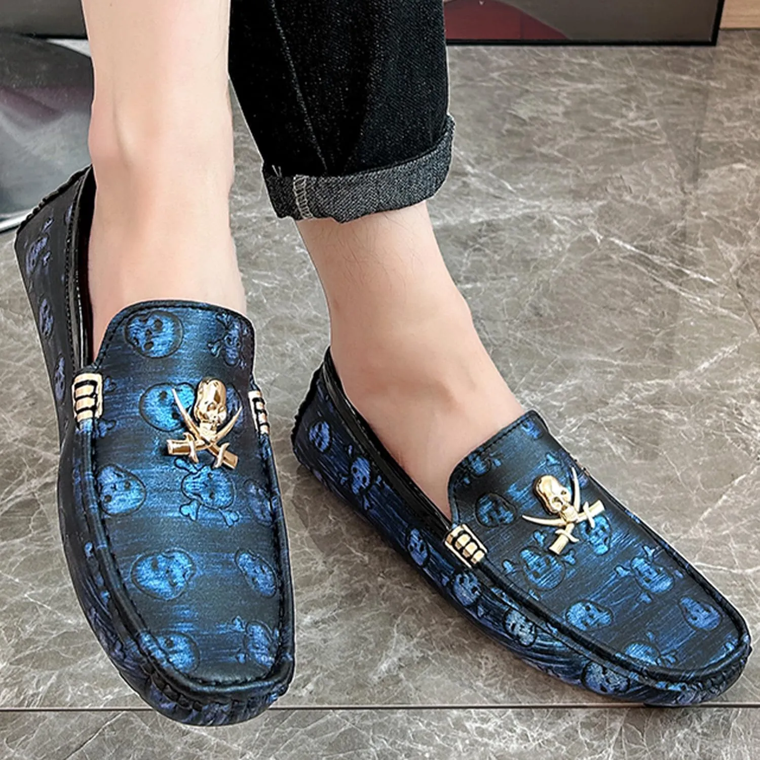 Men's Driving Loafers Moccasins Slip On Loafers with Skull Pattern Metal Ornaments Soft Arch Support Black Penny Loafers for Men