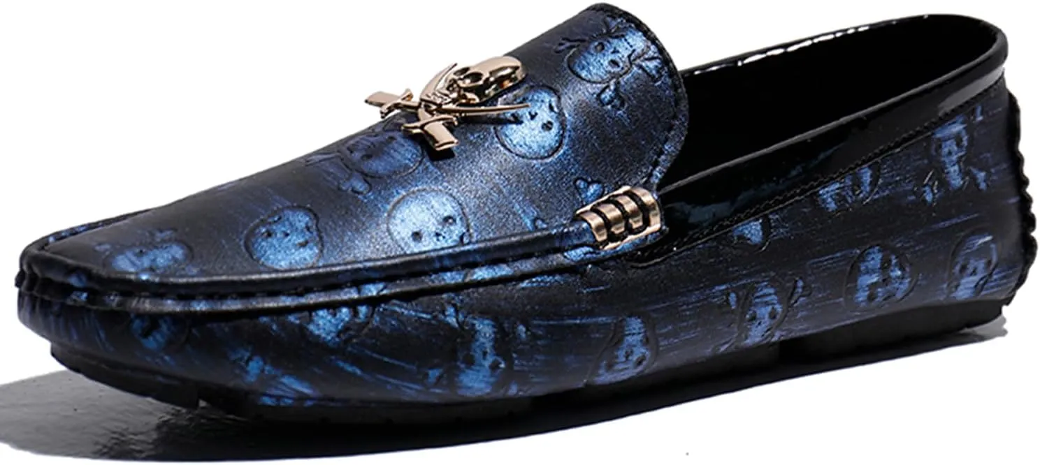 Men's Driving Loafers Moccasins Slip On Loafers with Skull Pattern Metal Ornaments Soft Arch Support Black Penny Loafers for Men