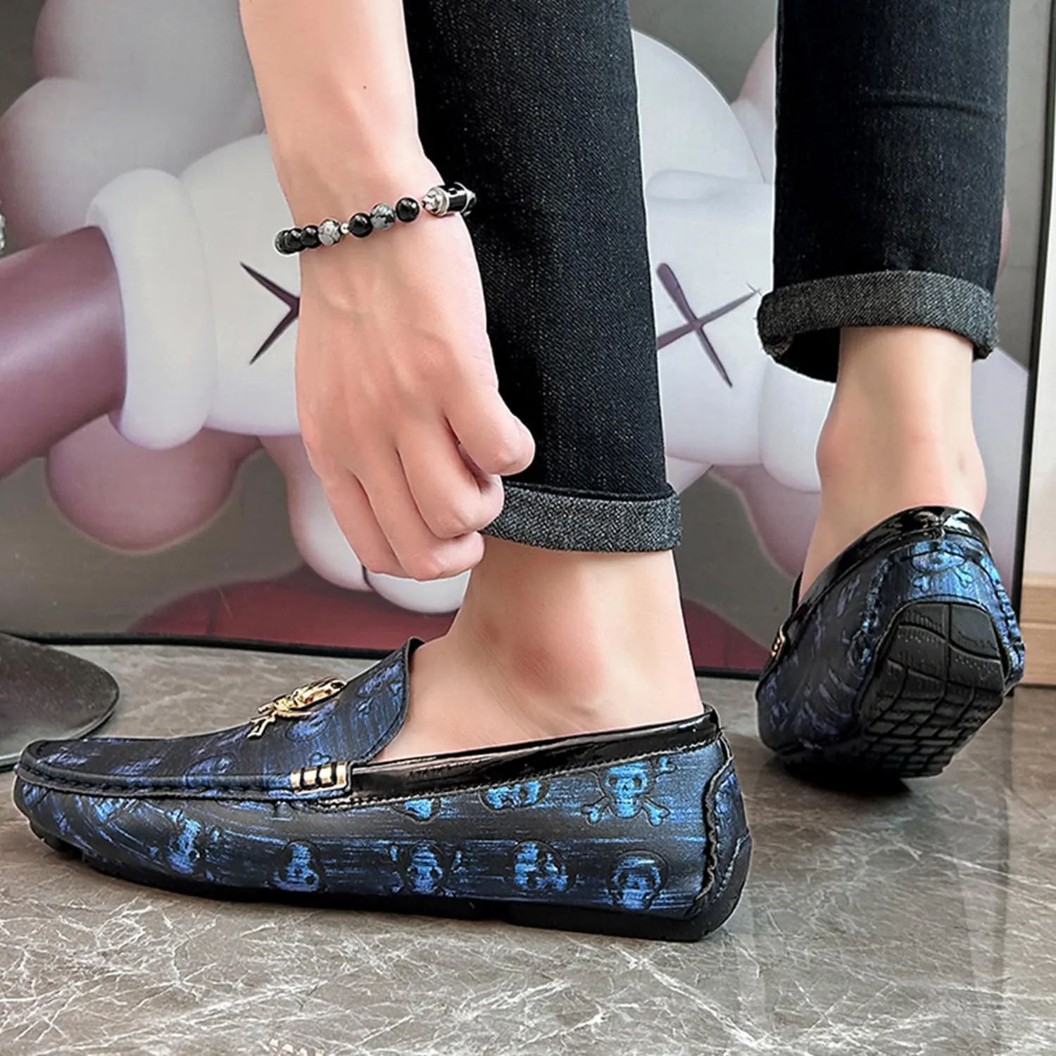 Men's Driving Loafers Moccasins Slip On Loafers with Skull Pattern Metal Ornaments Soft Arch Support Black Penny Loafers for Men