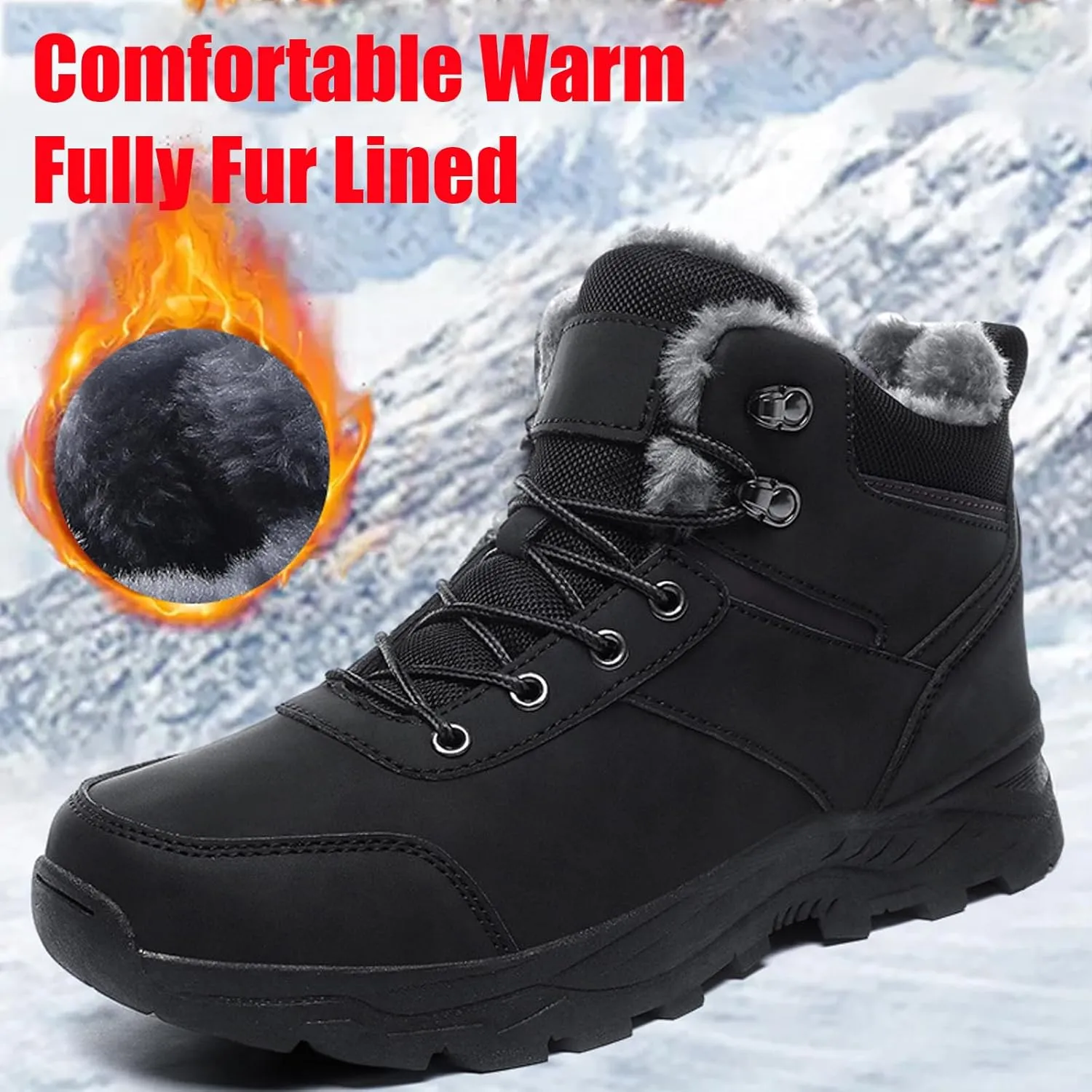 Men's Leather Lace-Up Platform Snow Boots Comfort Fully Fur Lined Slip-On Non-Slip Outdoor Hiking Boots Casual Winter Insulated Dress Ankle Boots