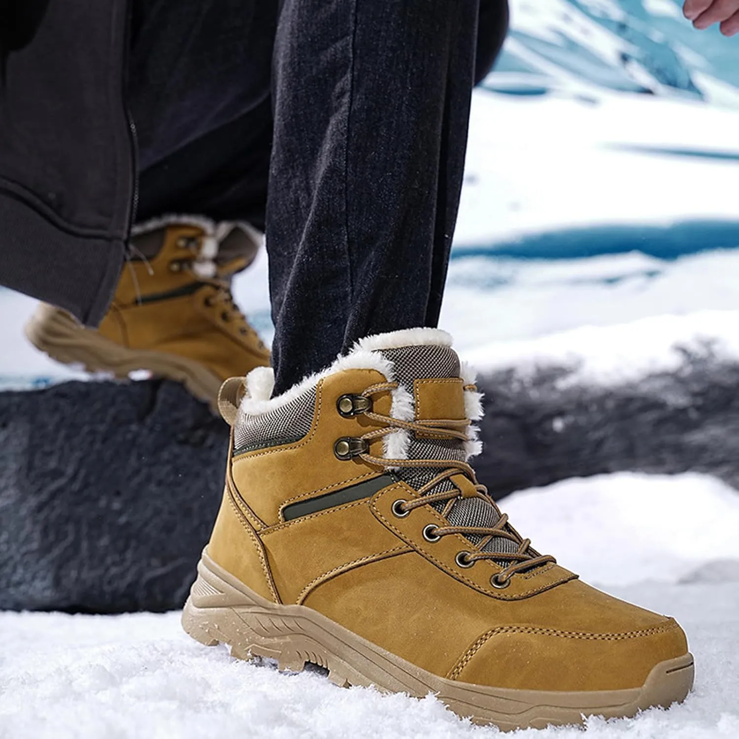 Men's Leather Lace-Up Platform Snow Boots Comfort Fully Fur Lined Slip-On Non-Slip Outdoor Hiking Boots Casual Winter Insulated Dress Ankle Boots