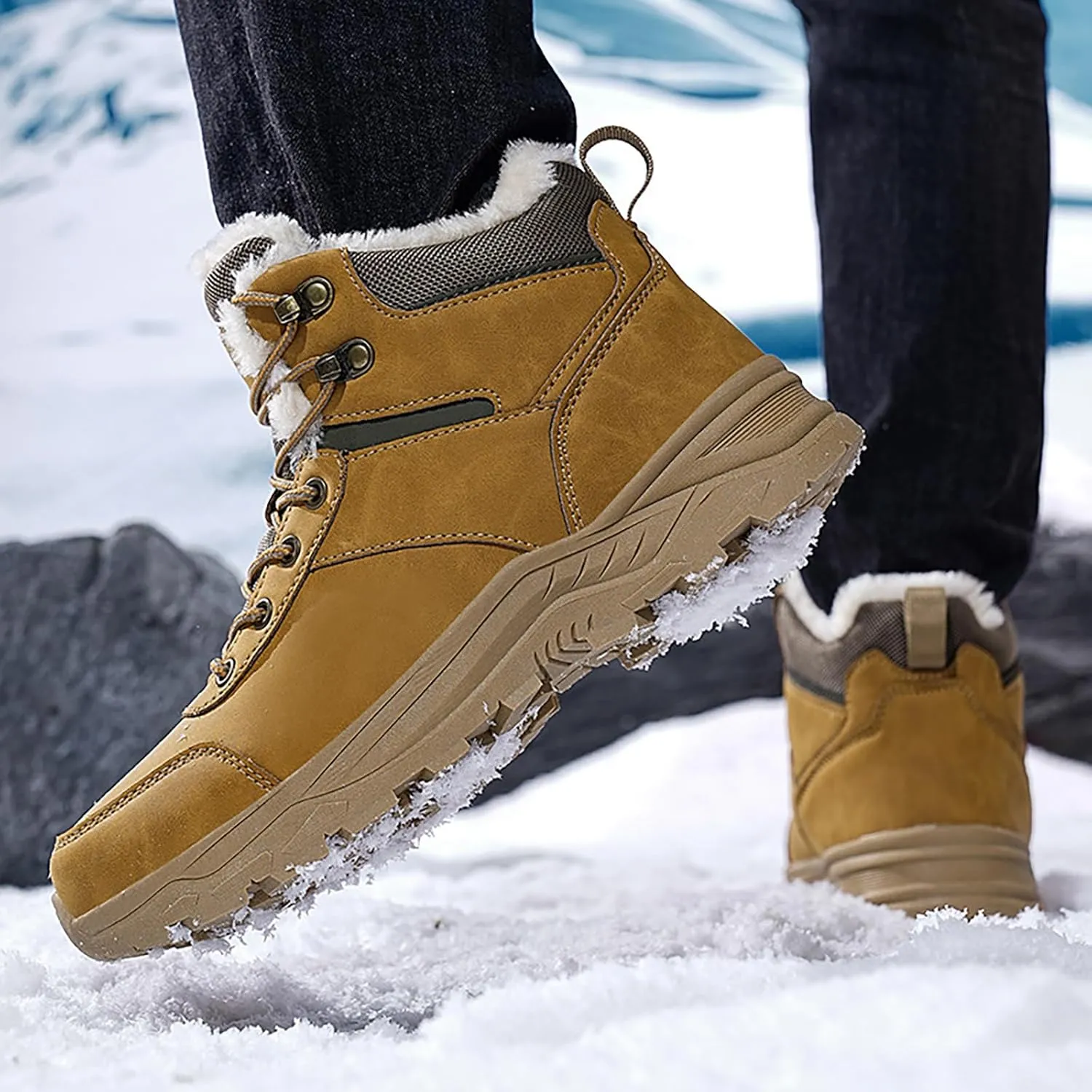 Men's Leather Lace-Up Platform Snow Boots Comfort Fully Fur Lined Slip-On Non-Slip Outdoor Hiking Boots Casual Winter Insulated Dress Ankle Boots