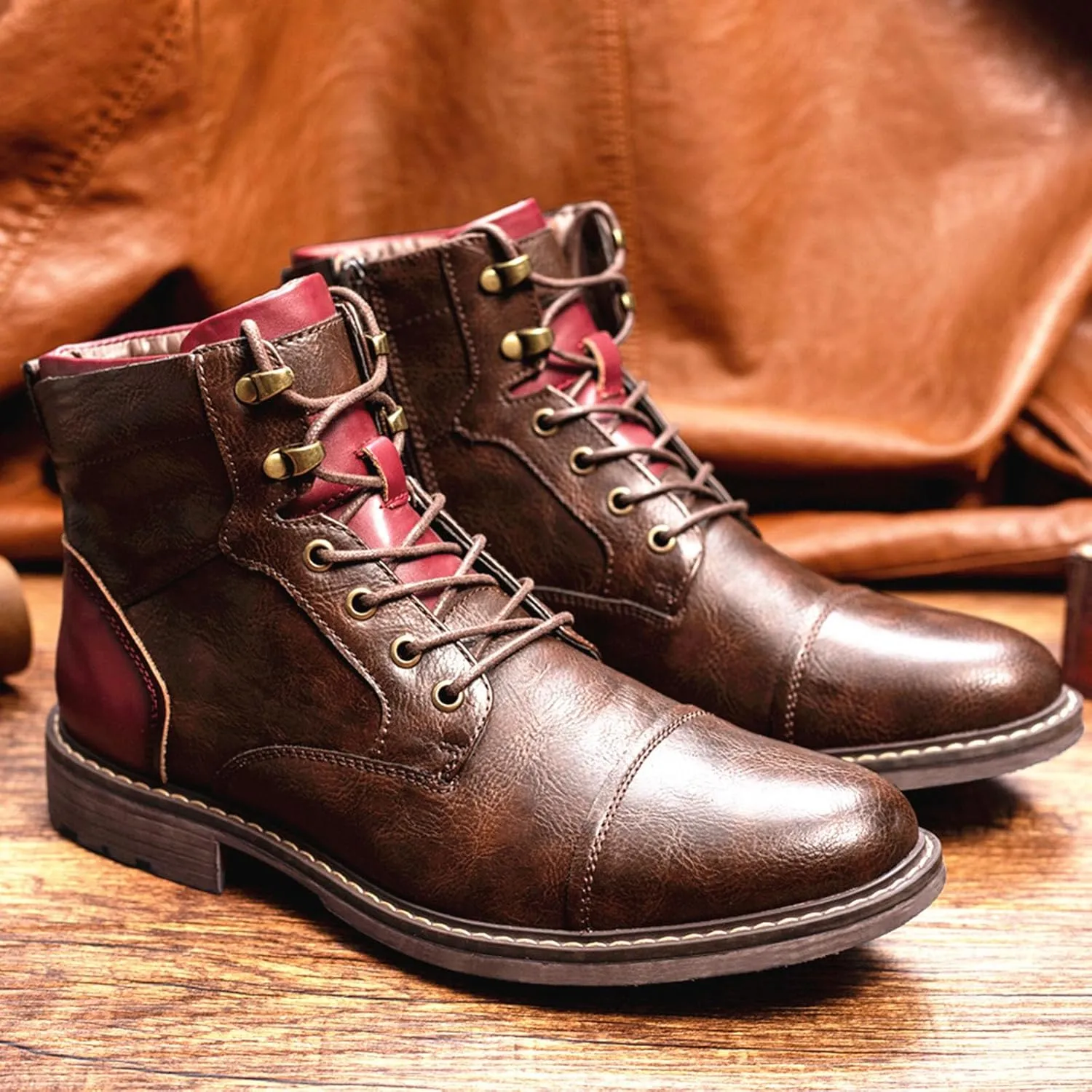 Men's Motorcycle Boots Brown Combat Casual Dress Boot for Men