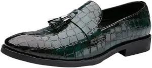 Men's Pointed Toe PU Leather Tassel Loafers - Block Pattern, Flat Heel, Lightweight Comfort for Wedding & Prom Slip-On Shoes