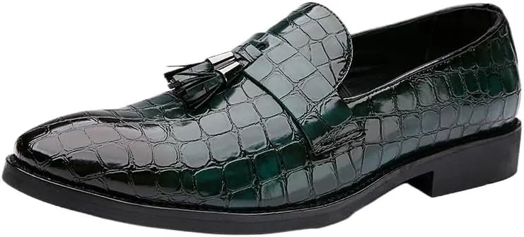 Men's Pointed Toe PU Leather Tassel Loafers - Block Pattern, Flat Heel, Lightweight Comfort for Wedding & Prom Slip-On Shoes