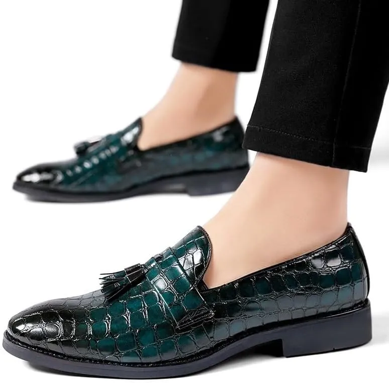 Men's Pointed Toe PU Leather Tassel Loafers - Block Pattern, Flat Heel, Lightweight Comfort for Wedding & Prom Slip-On Shoes