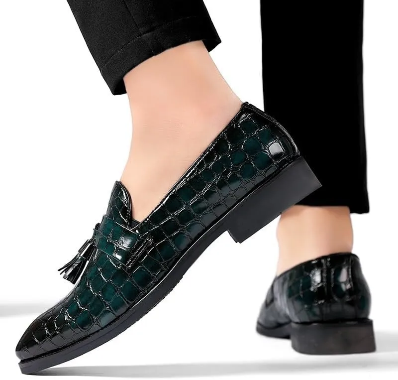 Men's Pointed Toe PU Leather Tassel Loafers - Block Pattern, Flat Heel, Lightweight Comfort for Wedding & Prom Slip-On Shoes