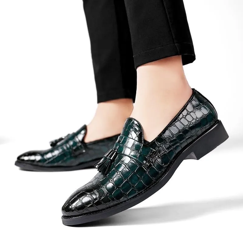 Men's Pointed Toe PU Leather Tassel Loafers - Block Pattern, Flat Heel, Lightweight Comfort for Wedding & Prom Slip-On Shoes