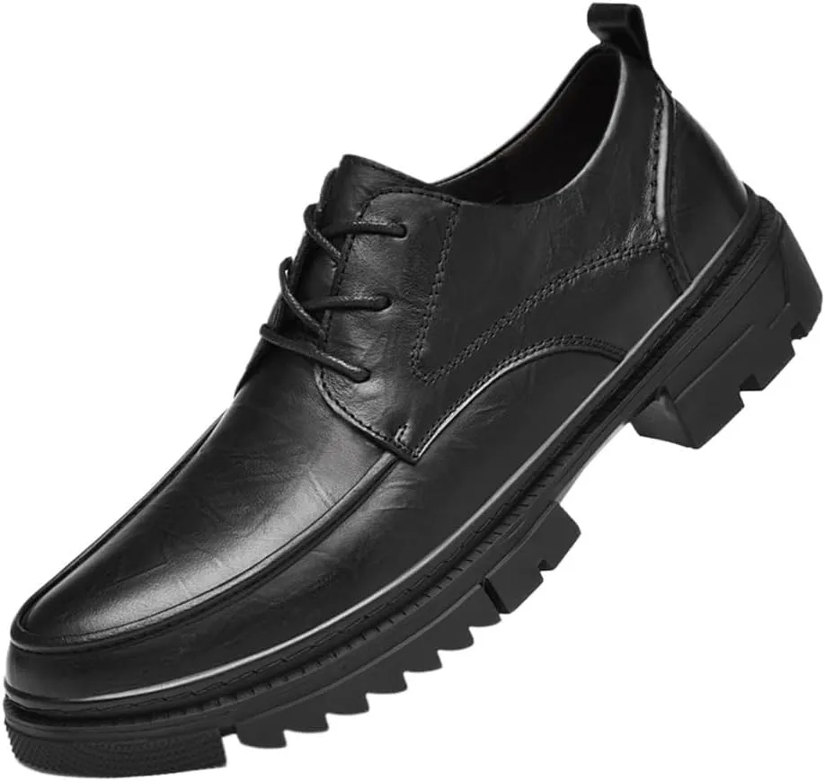 Men's Retro Elegant Dress Leather Shoes British Round Toe Platform Oxfords Black Lace-up Height Increase Casual Shoes