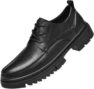 Men's Retro Elegant Dress Leather Shoes British Round Toe Platform Oxfords Black Lace-up Height Increase Casual Shoes