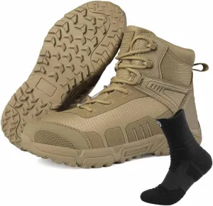 Military Combat Desert Boots, Men Leather Side Zip Desert Combat Boots with Sports Socks Breathable Jungle Hiking Boots Waterproof Tactical Boots