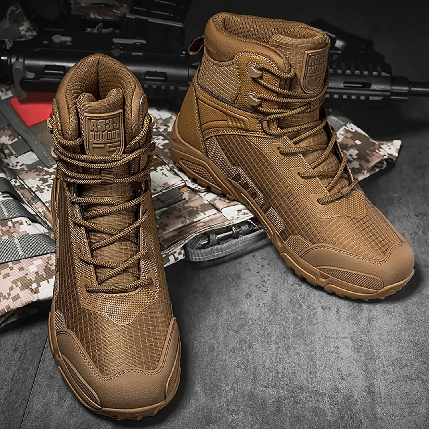 Military Combat Desert Boots, Men Leather Side Zip Desert Combat Boots with Sports Socks Breathable Jungle Hiking Boots Waterproof Tactical Boots