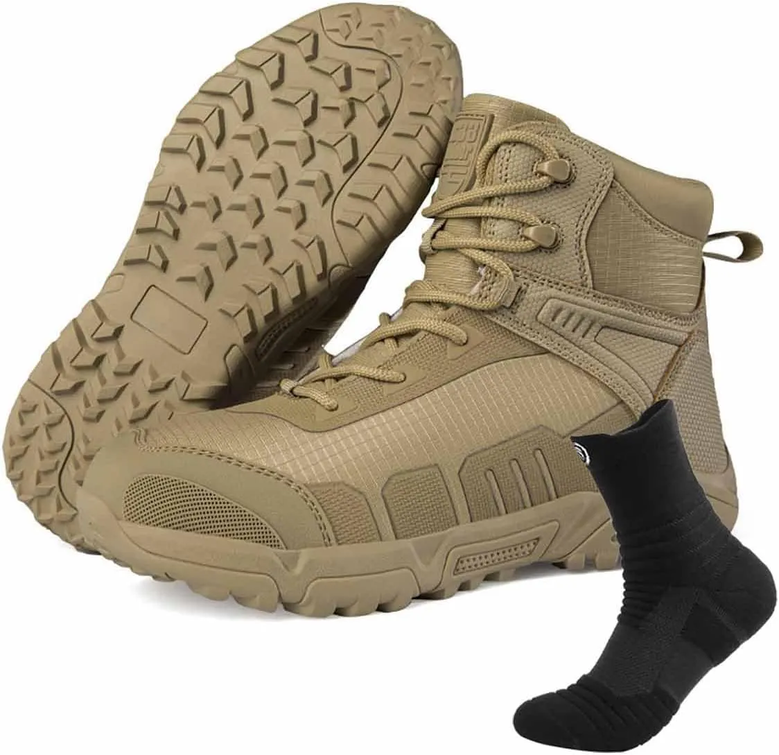 Military Combat Desert Boots, Men Leather Side Zip Desert Combat Boots with Sports Socks Breathable Jungle Hiking Boots Waterproof Tactical Boots