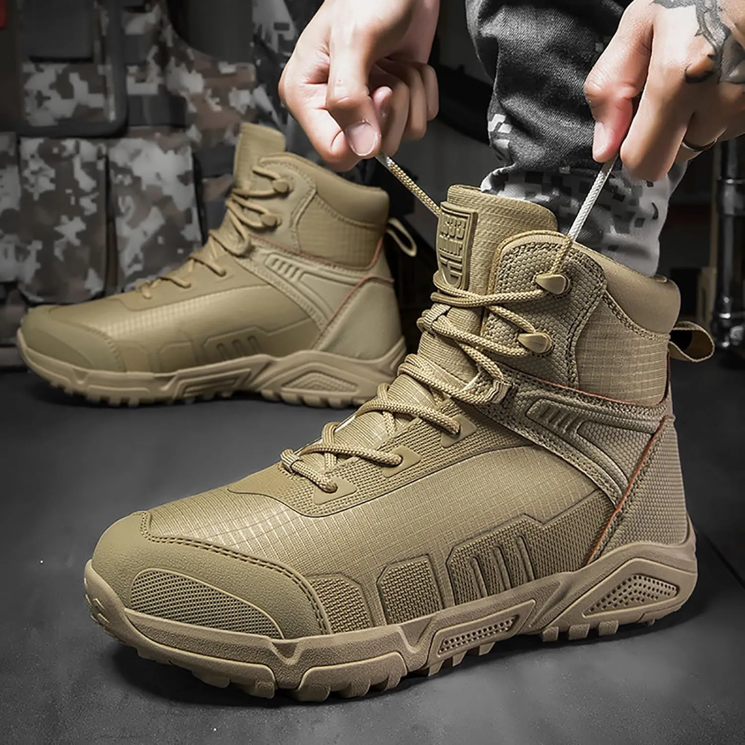 Military Combat Desert Boots, Men Leather Side Zip Desert Combat Boots with Sports Socks Breathable Jungle Hiking Boots Waterproof Tactical Boots