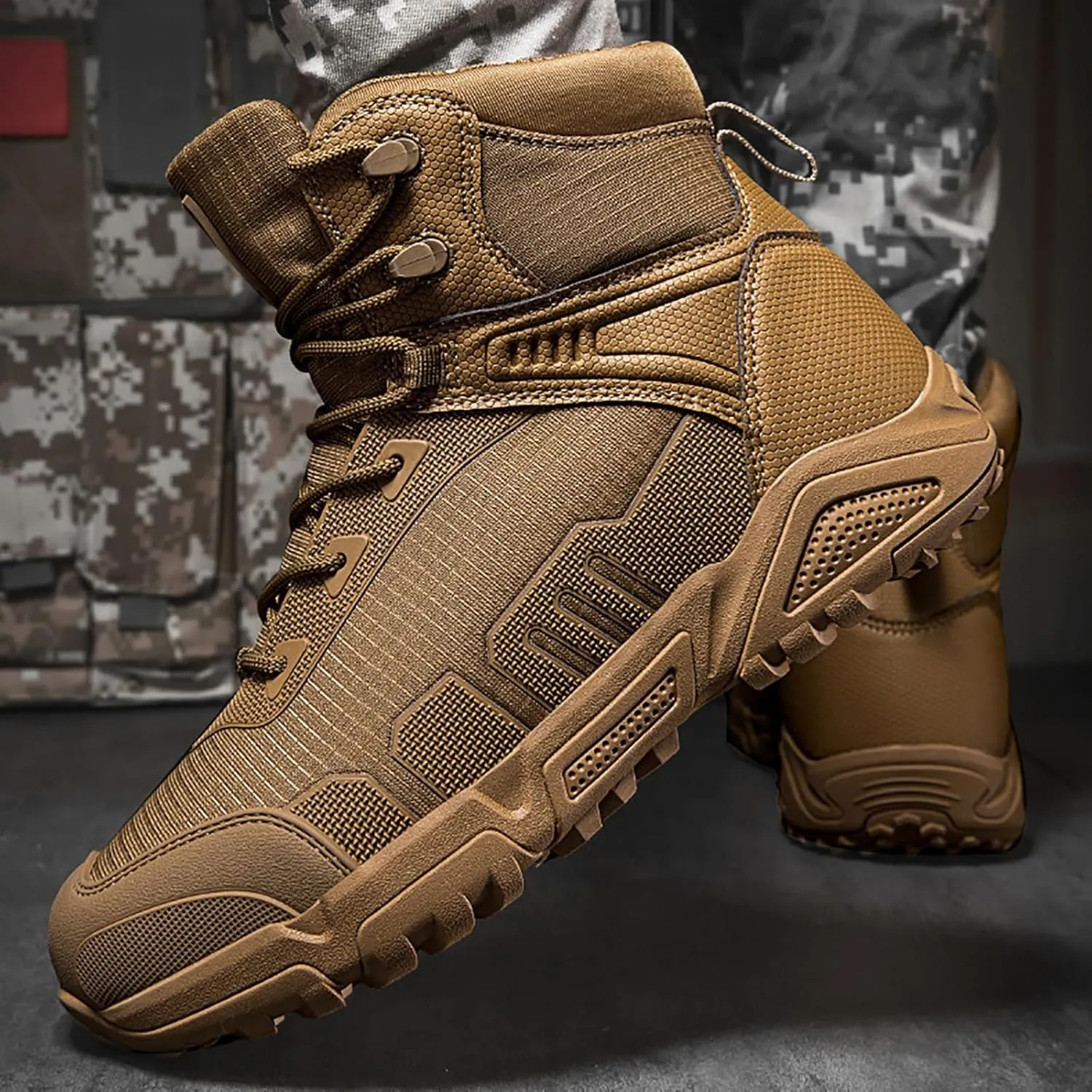 Military Combat Desert Boots, Men Leather Side Zip Desert Combat Boots with Sports Socks Breathable Jungle Hiking Boots Waterproof Tactical Boots