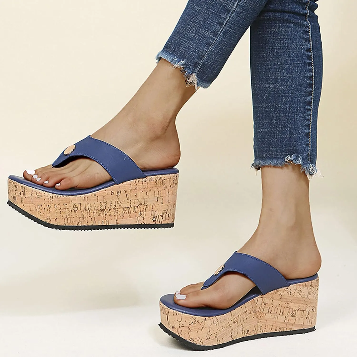 oiangi Womens Platform Wedge Heel Flip Flops Casual Summer Studded Thong Clip Toe Slip-on Slipper Summer Comfy Casual Ladies Shoes Slides Sandalias