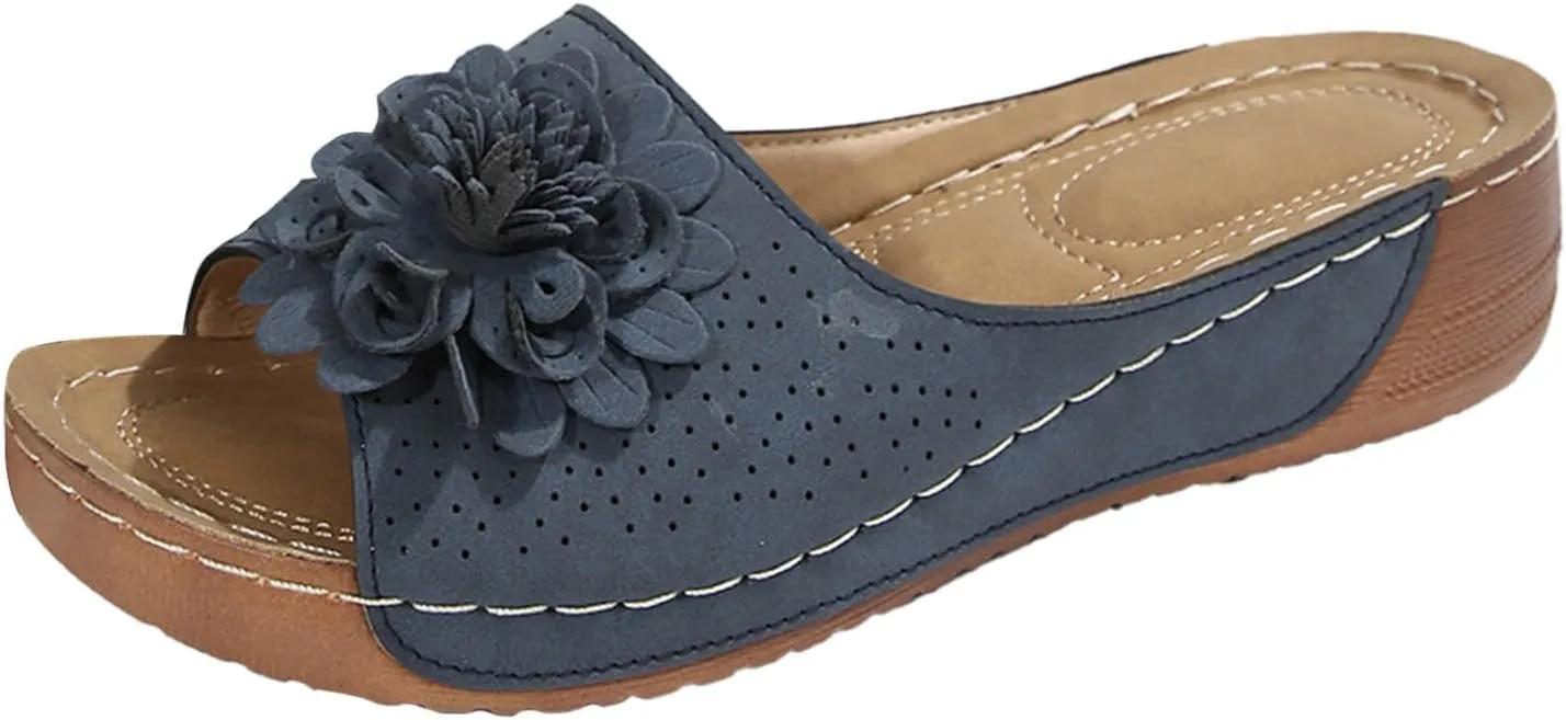 Orthopedic Sandals for Women 2025 Chic Flowers Arch Support Fish Mouth Open Toe Leather Slippers Wedge Platform Sandal