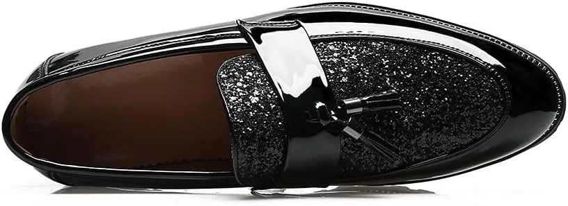 Santimon Men's Patent Leather Tassel Loafers Sparkling Glitter Slip-On Dress Shoes Chunky Sole for Formal & Casual Shoe