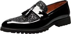 Santimon Men's Patent Leather Tassel Loafers Sparkling Glitter Slip-On Dress Shoes Chunky Sole for Formal & Casual Shoe