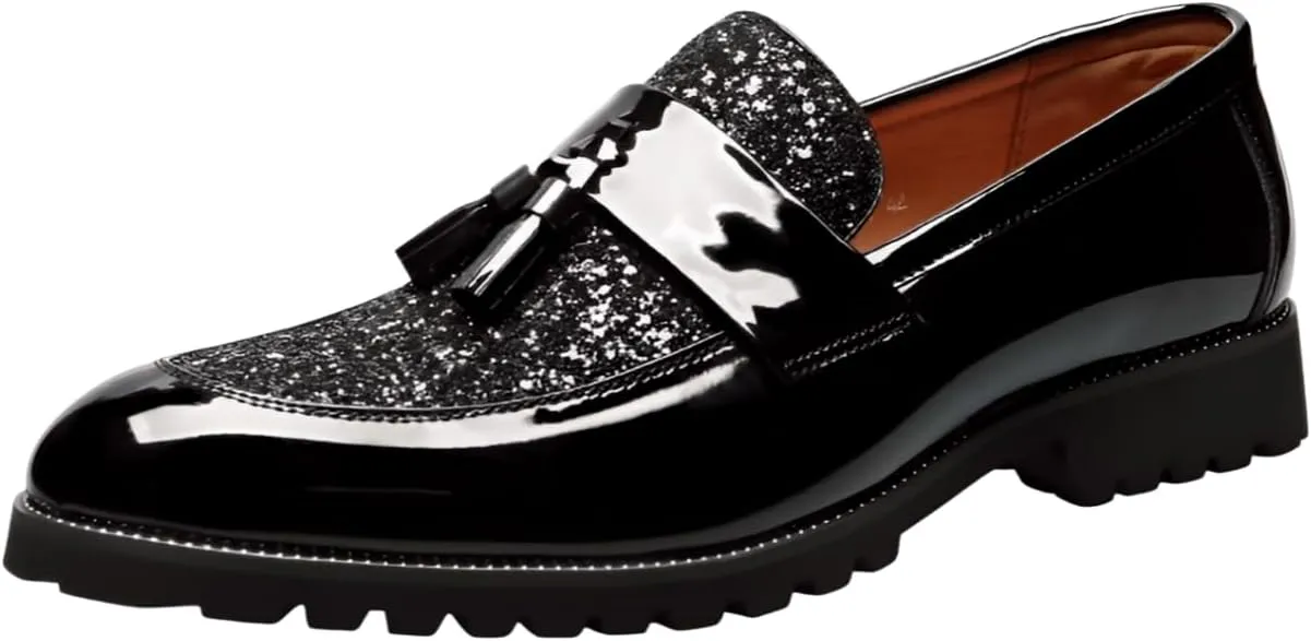 Santimon Men's Patent Leather Tassel Loafers Sparkling Glitter Slip-On Dress Shoes Chunky Sole for Formal & Casual Shoe