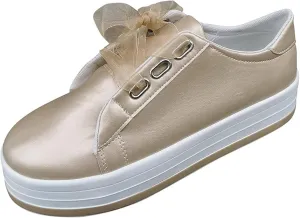 Slip On Shoes Women Dressy Flats Women's PU Leather Tennis Shoes Low Top Lace Up Casual Shoes Comfortable Fashion Sneaker Slip On Walking Platform Flats Loafers Gold