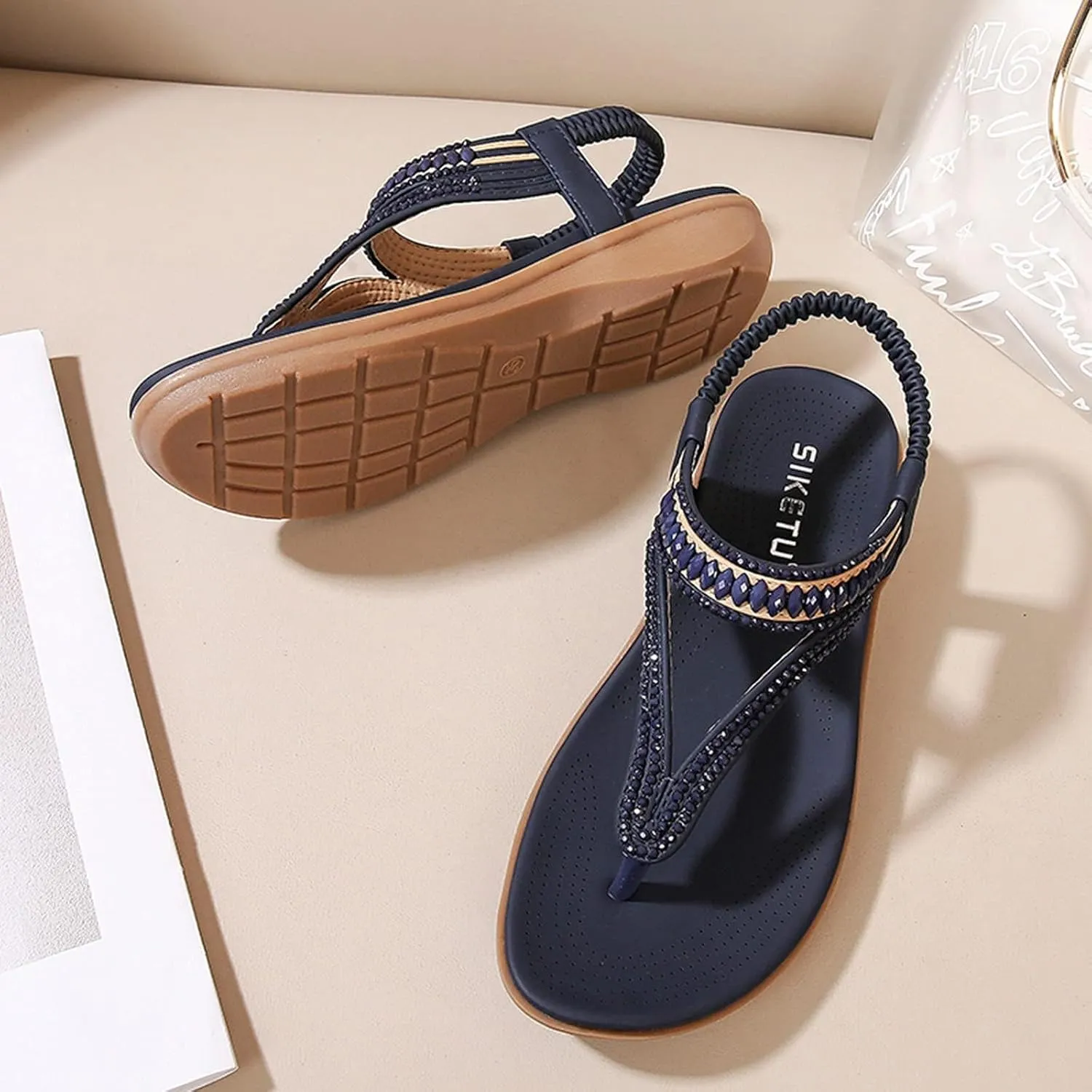 Summer Beach Sandals for Women Arch Support Slingback Rhinestone Dressy Sandal Comfort Sandals Bohemian T-Strap Ladies Casual Comfy Sandal Casual Ankle Elastic Flip Flops Shoes 2025