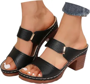 Summer Sandals for Women 2025 Trendy Chunky Heel Wedges Slip on Square Open Toe Comfortable Chunky Heeled Sandal Mules for Long Walk Casual Shoes Dressy