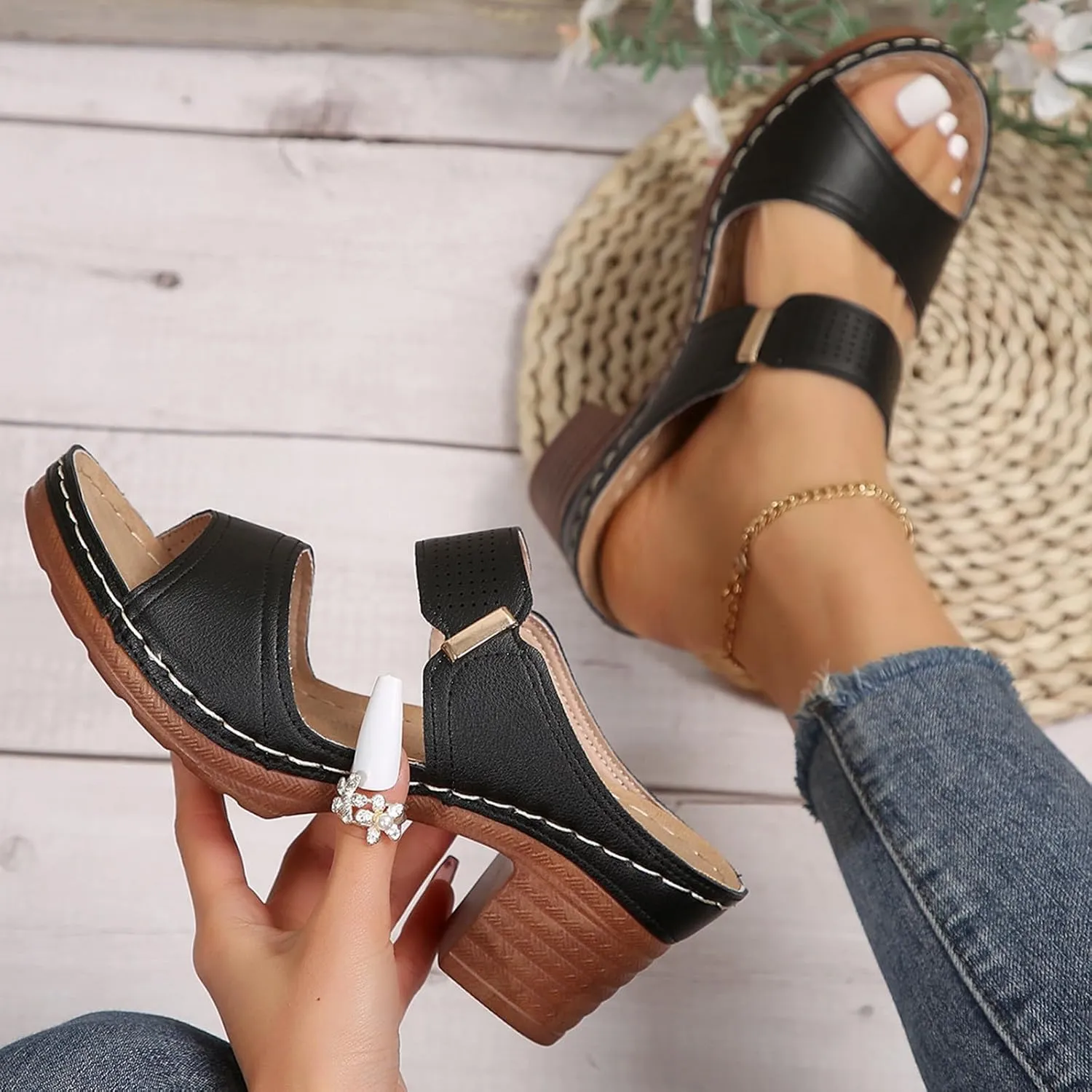 Summer Sandals for Women 2025 Trendy Chunky Heel Wedges Slip on Square Open Toe Comfortable Chunky Heeled Sandal Mules for Long Walk Casual Shoes Dressy