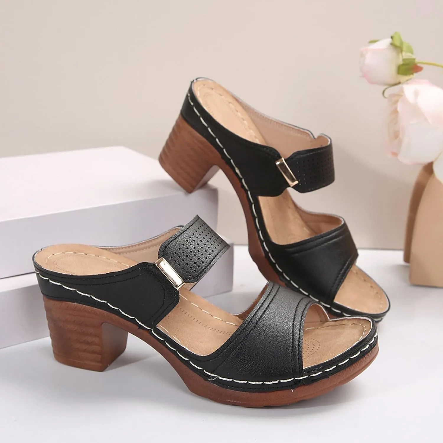 Summer Sandals for Women 2025 Trendy Chunky Heel Wedges Slip on Square Open Toe Comfortable Chunky Heeled Sandal Mules for Long Walk Casual Shoes Dressy