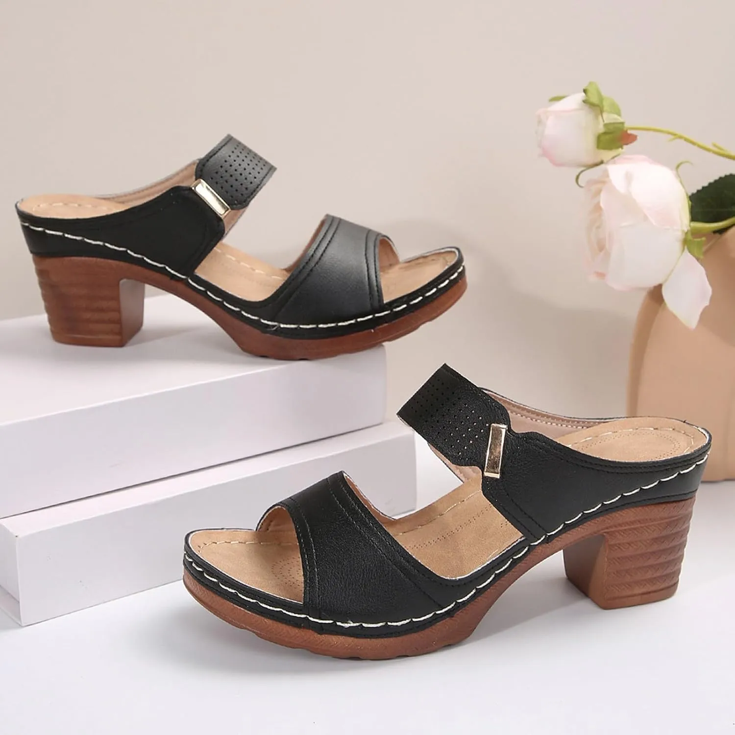Summer Sandals for Women 2025 Trendy Chunky Heel Wedges Slip on Square Open Toe Comfortable Chunky Heeled Sandal Mules for Long Walk Casual Shoes Dressy