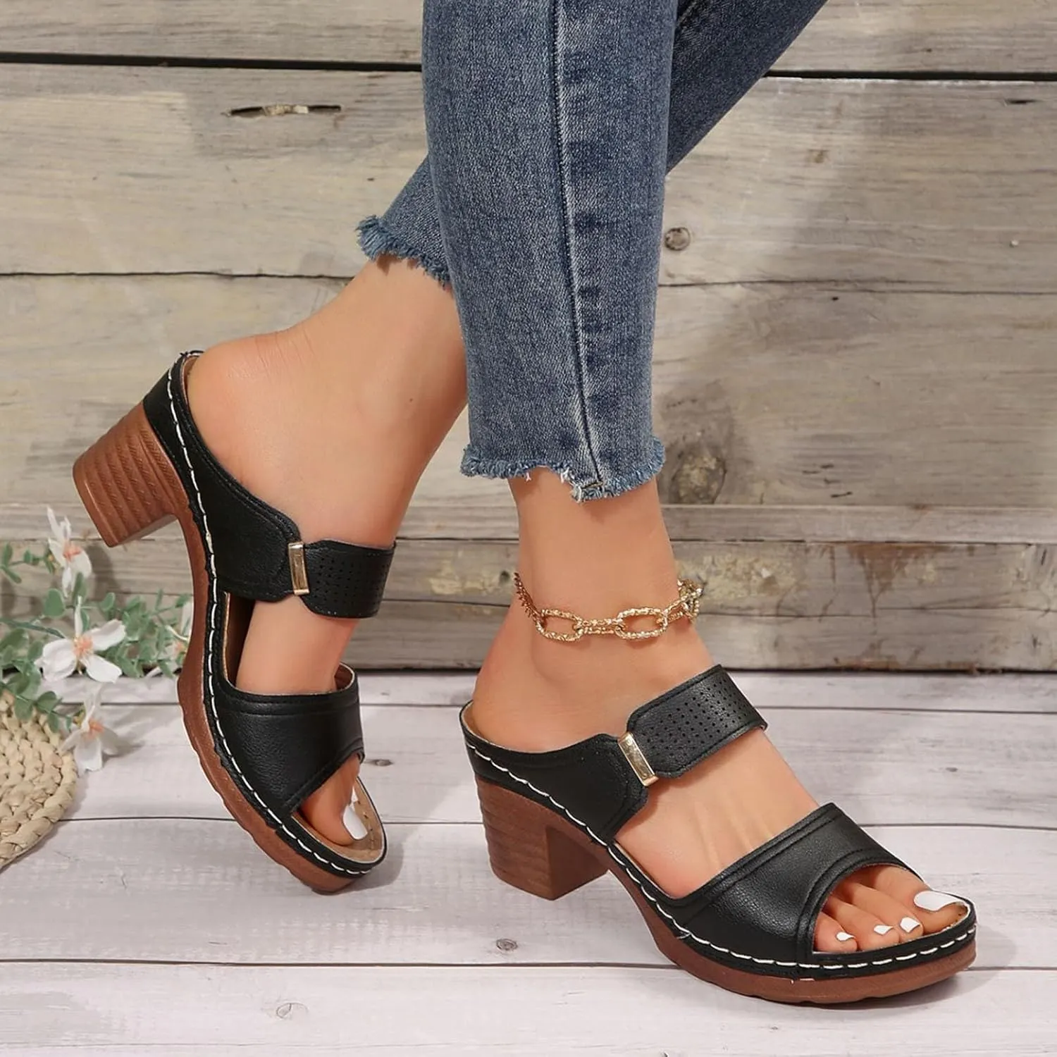 Summer Sandals for Women 2025 Trendy Chunky Heel Wedges Slip on Square Open Toe Comfortable Chunky Heeled Sandal Mules for Long Walk Casual Shoes Dressy