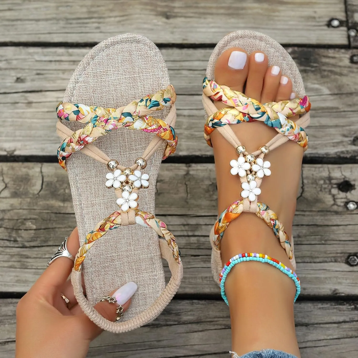Summer Sandals for Women 2025 Trendy T-Strap Buckle Bohemian Crystal Flats Low Heeled Wide Width Platform Comfort Walking Non Slip Casual Beach Ankle Elastic Woven Sandal Shoes
